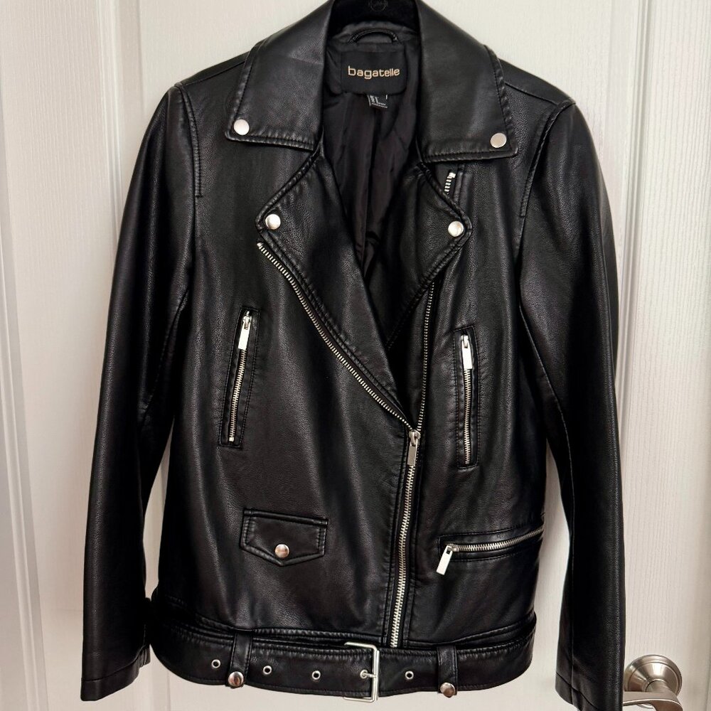Bagatelle Black Faux Leather Biker Jacket with Removable Belt
